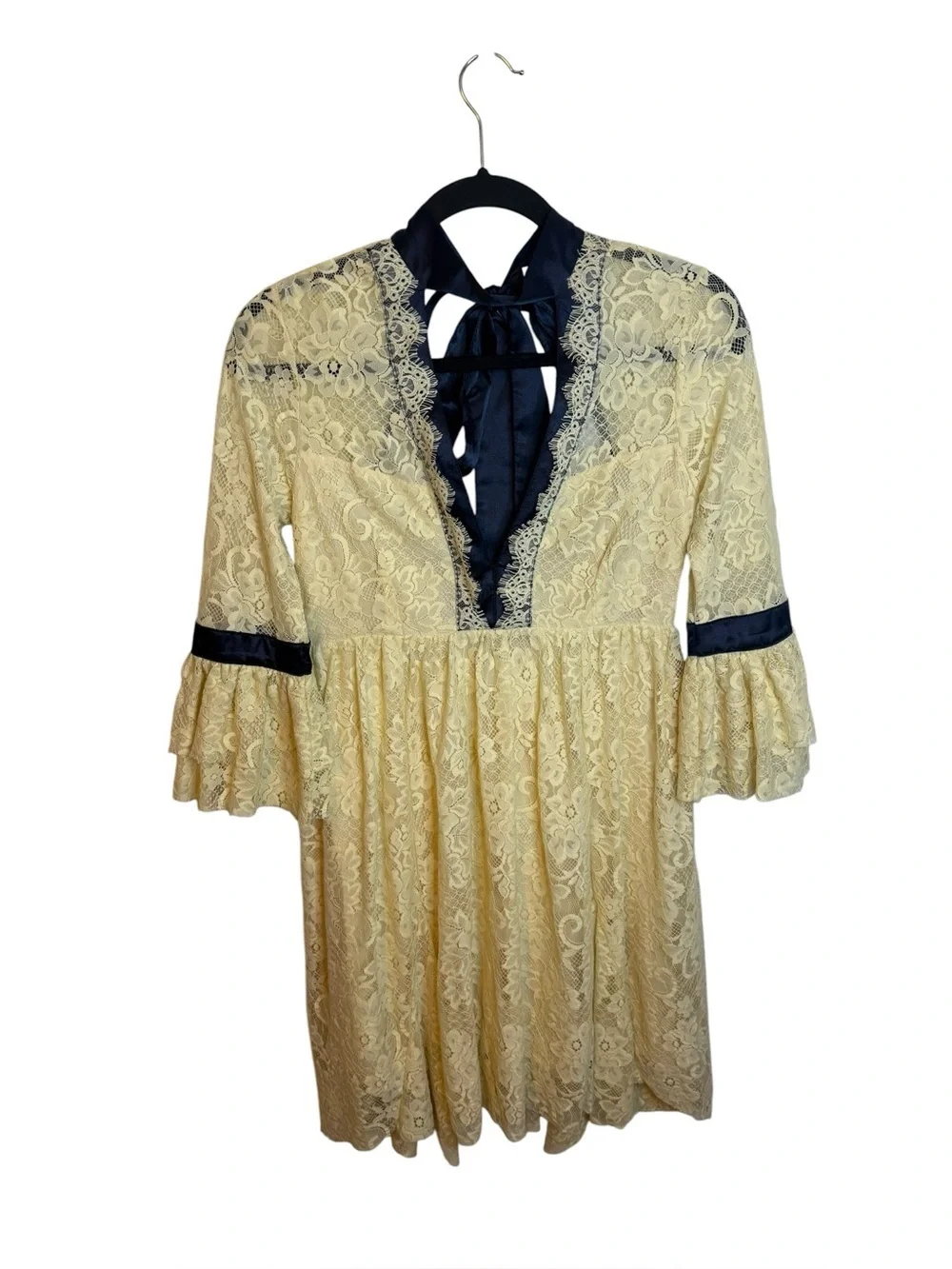 Free People Cream Gilded Lace Bell Sleeve Mini Dress